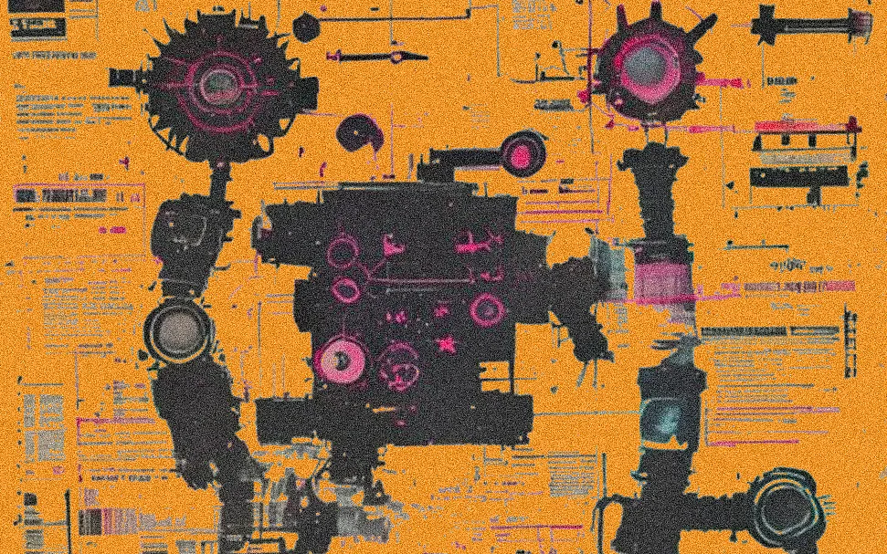 Abstract visualisation of interconnected neural gears lit in orange on a dark background