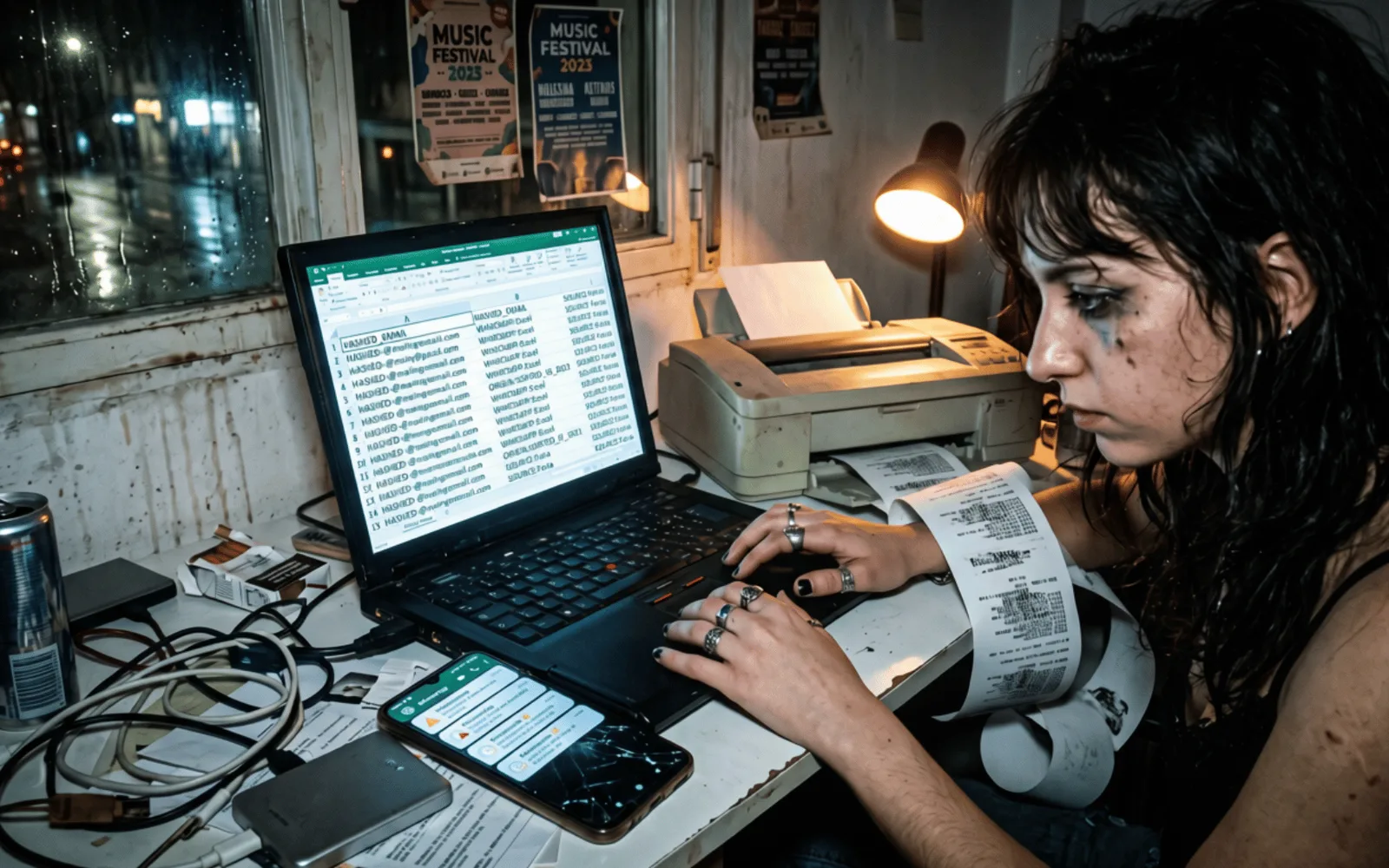 Dimly lit office after midnight: a desk with two monitors showing spreadsheets and an open filing cabinet spilling folders, shot with direct flash and heavy grain.