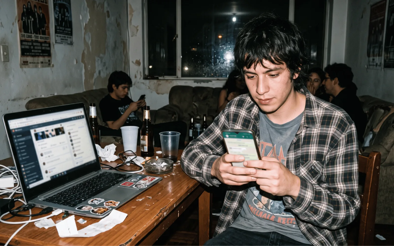 A phone lit by harsh direct flash on a cluttered night table, an open group chat on screen, glasses and cables around it, visible grain.