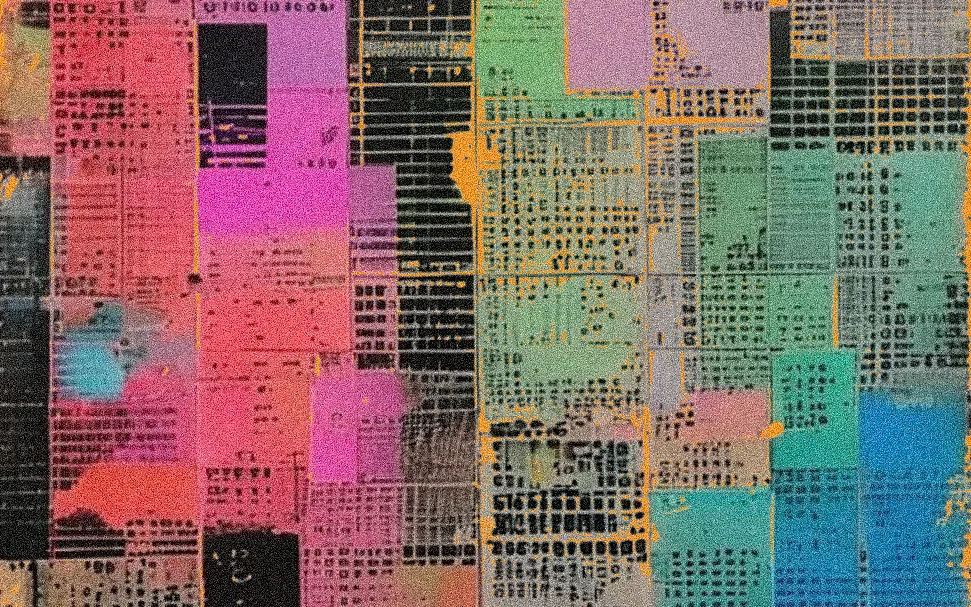 Abstract digital structure decomposing with orange lights on a dark background