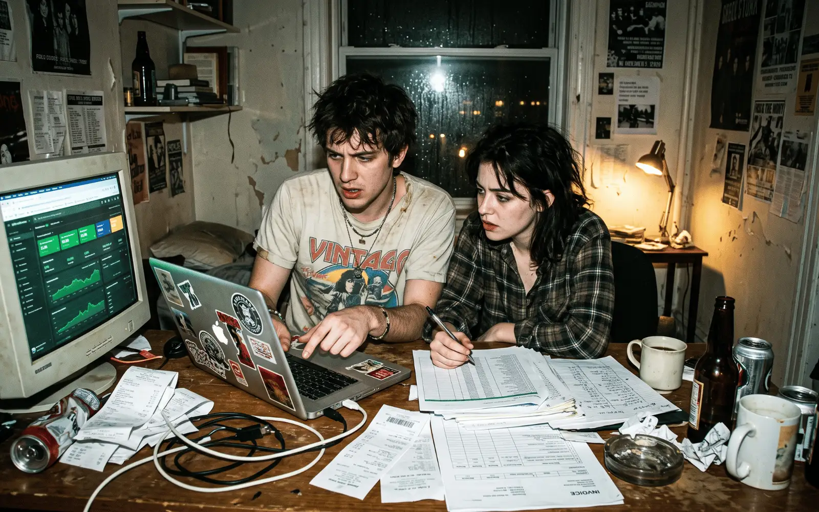 An office desk at midnight with a printed country map split into two marker-outlined zones, a spreadsheet glowing on the monitor and an empty coffee cup.