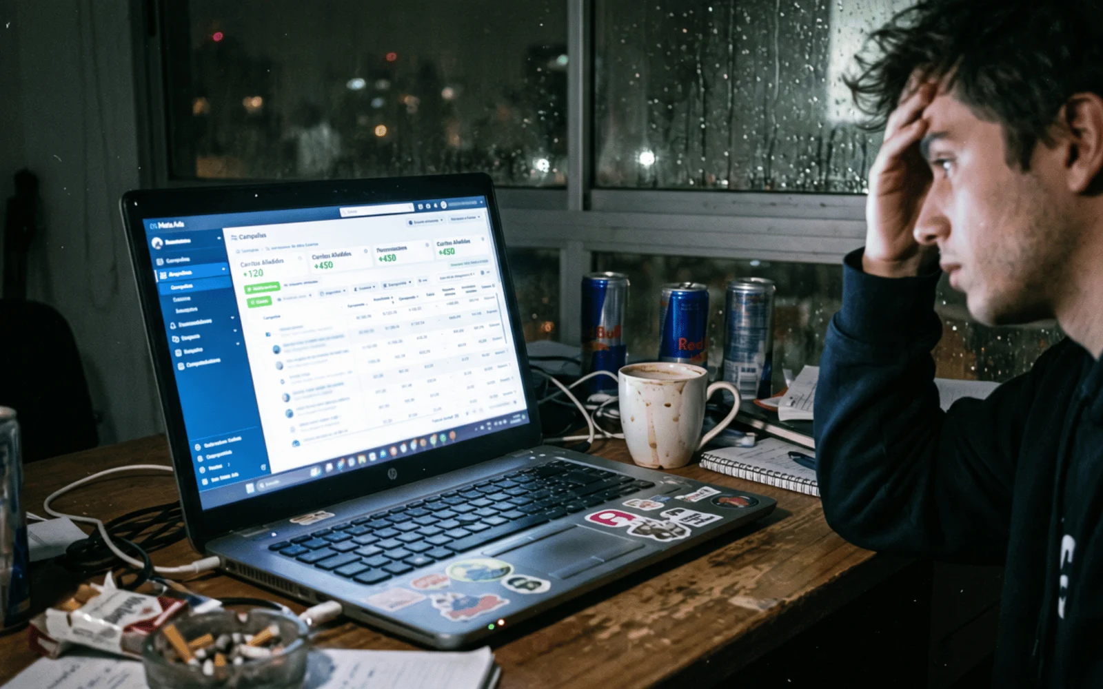 A laptop screen showing a Meta Ads dashboard filled with bright green 'Add to Cart' metrics, next to a cold cup of coffee in a dark office at 2 AM.