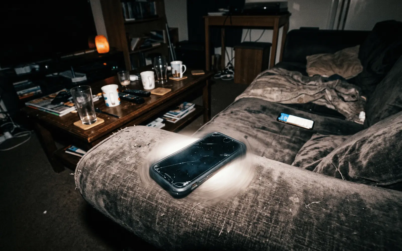 A cold cup of coffee next to an open laptop showing a GA4 chart with a plunging red line, surrounded by crumpled sticky notes and a phone flashing dozens of unread WhatsApp notifications at three in the morning.