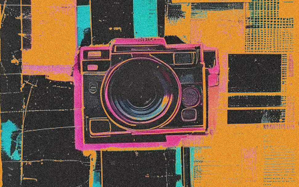 Indie sleaze style collage with video production objects and metrics on a warm background